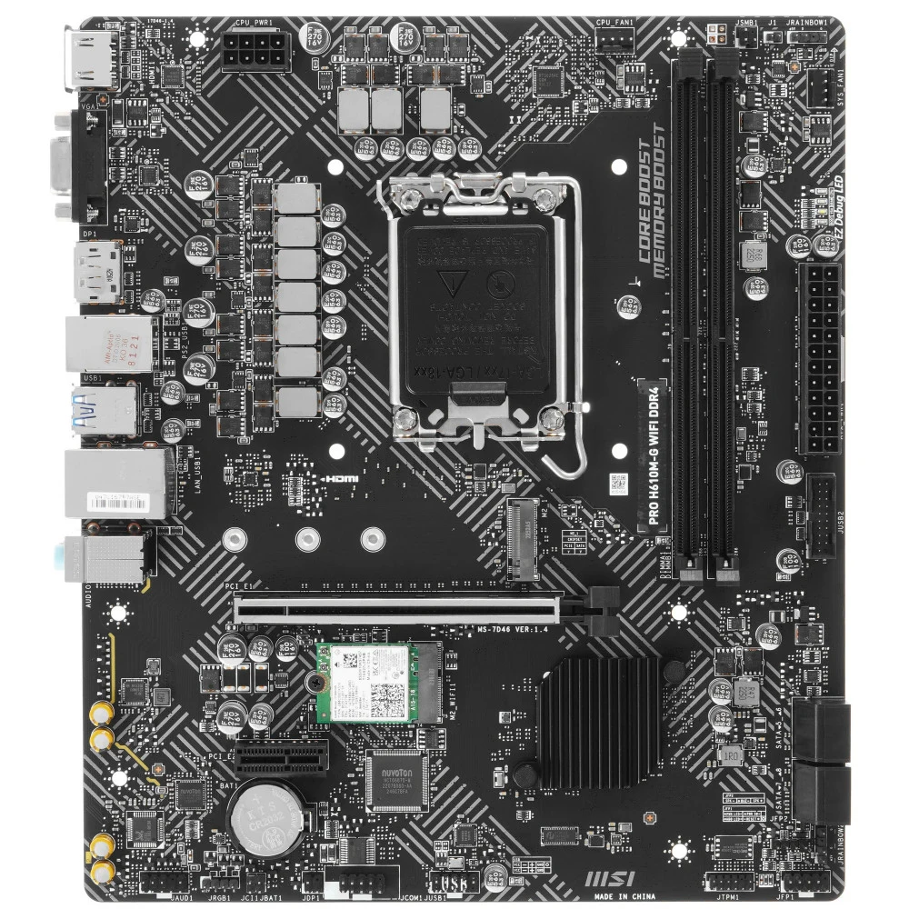 Материнская плата MSI PRO H610M-G WIFI H610, LGA1700, 2*DDR5, 1*PCIEx16, 1*PCIEx1, 1*M.2, 4*USB3.2Gen1, 6*USB2.0, 4*SATA3.0, 1G, VGA, DP, HDMI, M-ATX, RTL