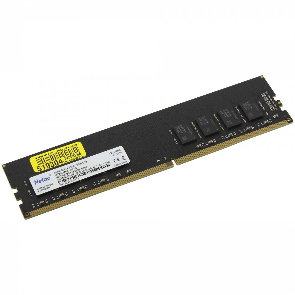Оперативная память DDR4 16Gb 3200MHz Netac NTBSD4P32SP-16 Basic RTL PC4-25600 CL16 DIMM 288-pin 1.35В single rank Ret [NTBSD4P32SP-16]
