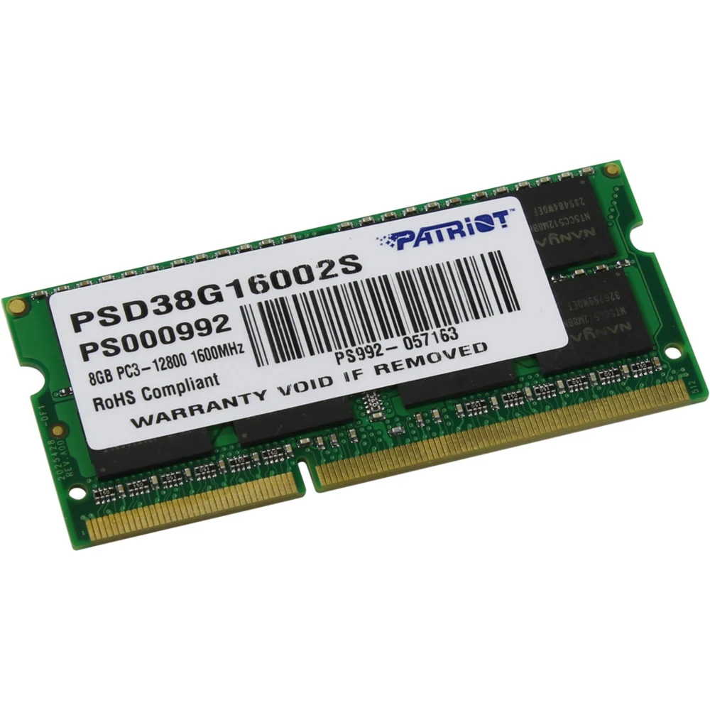 Модуль памяти для ноутбука 8GB PC12800 DDR3 SO PSD38G16002S PATRIOT 1 модуль памяти DDR3 объем модуля 8 Гб форм-фактор SODIMM, 204-контактный частота 1600 МГц CAS Latency (CL): 11