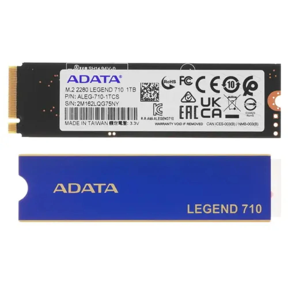 Твердотельный накопитель/ ADATA SSD LEGEND 710, 1024GB, M.2(22x80mm), NVMe 1.4, PCIe 3.0 x4, 3D NAND, R/W 2400/1800MB/s, IOPs 180 000/150 000, TBW 260, DWPD 0.23, with Heat Sink (3 года)