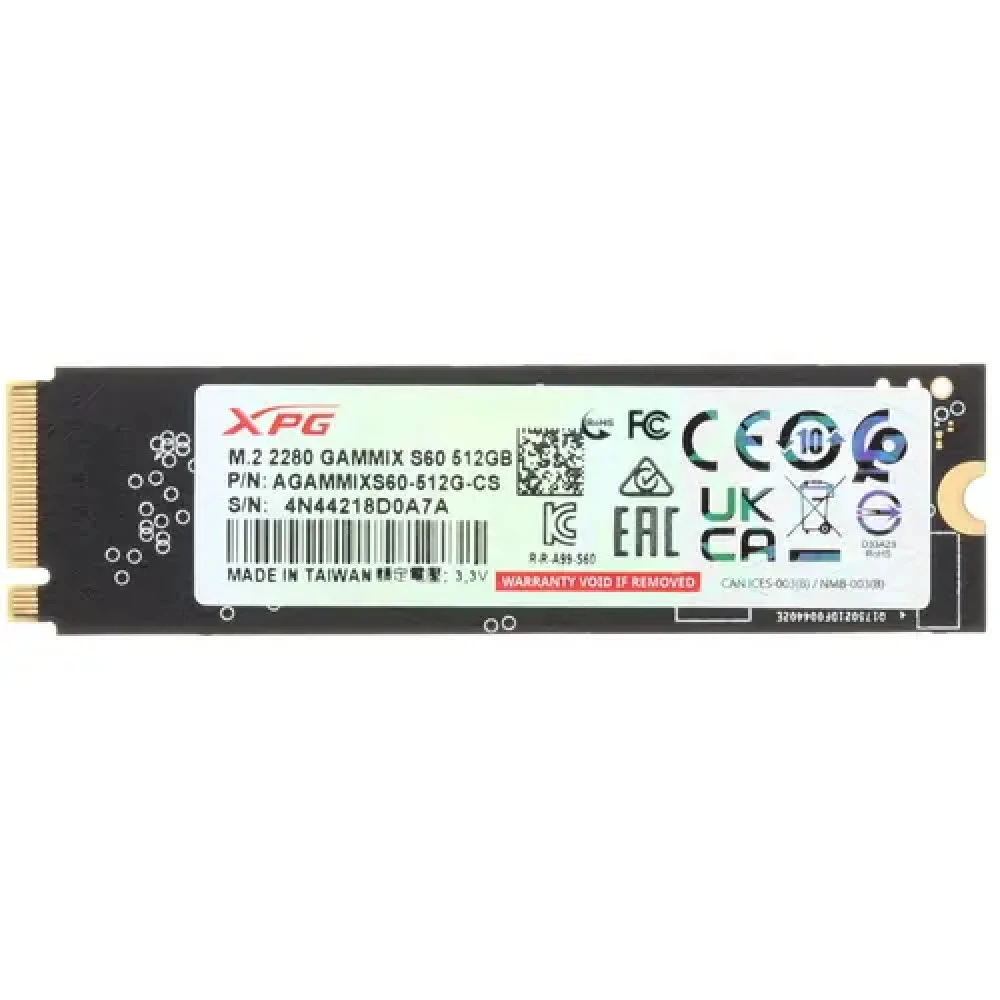 Твердотельный накопитель/ ADATA SSD GAMMIX S60 BLADE, 512GB, M.2(22x80mm), NVMe, PCIe 4.0 x4, 3D NAND, R/W 4700/1700MB/s, IOPs -/-, TBW 110, DWPD 0.12, with HeatSink (5 лет)