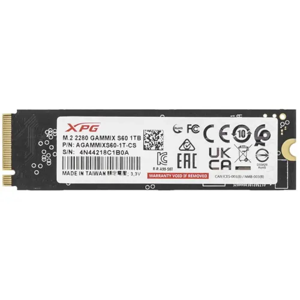 Твердотельный накопитель/ ADATA SSD GAMMIX S60 BLADE, 1024GB, M.2(22x80mm), NVMe, PCIe 4.0 x4, 3D NAND, R/W 5000/3200MB/s, IOPs -/-, TBW 250, DWPD 0.14, with HeatSink (5 лет)