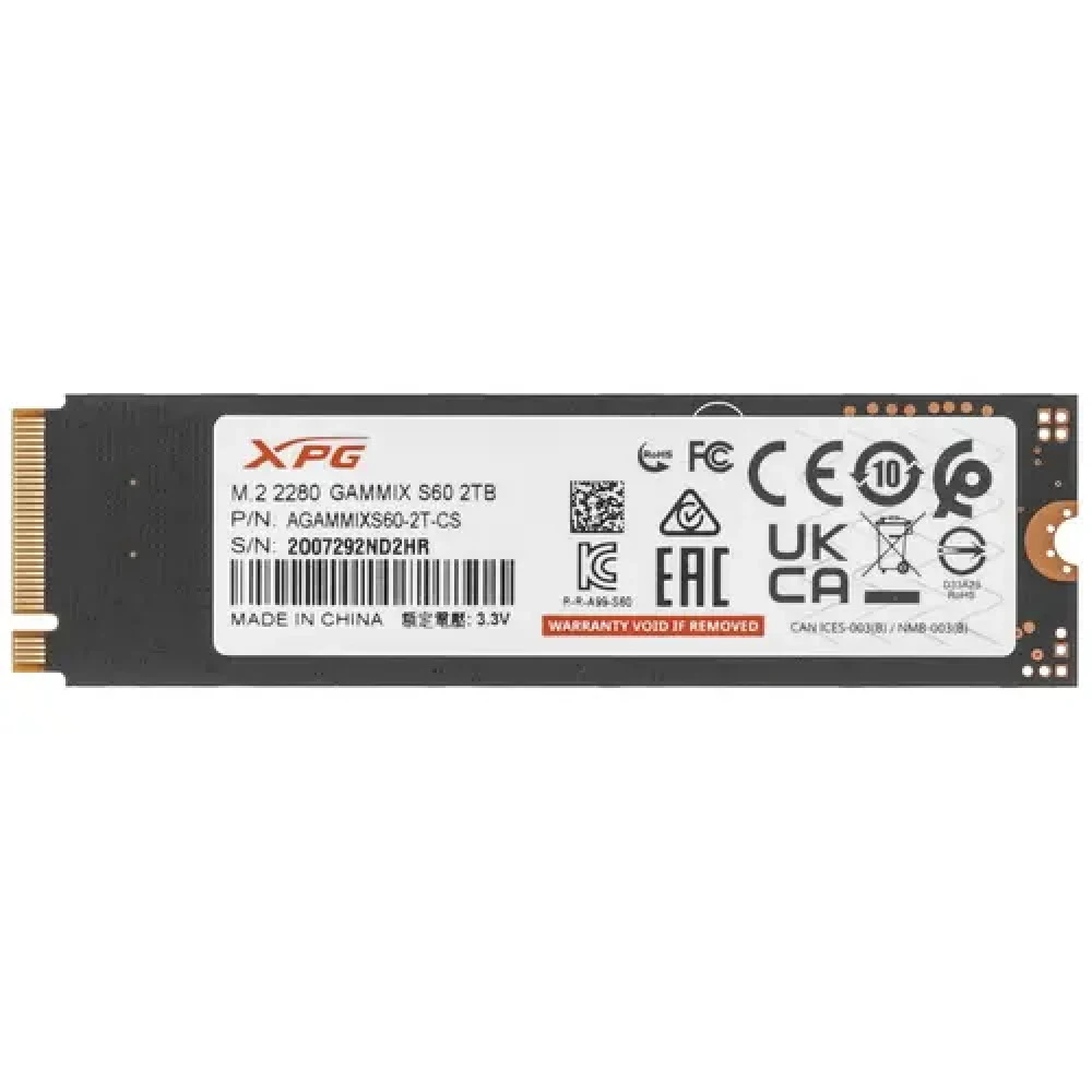 Твердотельный накопитель/ ADATA SSD GAMMIX S60 BLADE, 2048GB, M.2(22x80mm), NVMe, PCIe 4.0 x4, 3D NAND, R/W 5000/4200MB/s, IOPs -/-, TBW 450, DWPD 0.12, with HeatSink (5 лет)