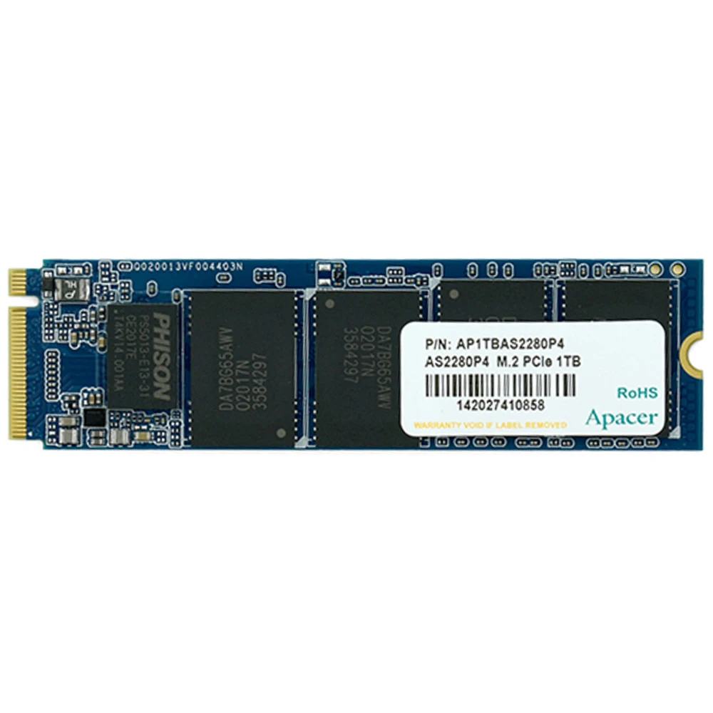 Твердотельный накопитель SSD Apacer AS2280P4 1TB M.2 2280 AP1TBAS2280P4-1 Client PCIe Gen3x4 with NVMe, 3000/2000, IOPS 215/390K, MTBF 1.5M, 3D TLC, 800TBW, 0,73DWPD, RTL (918253)