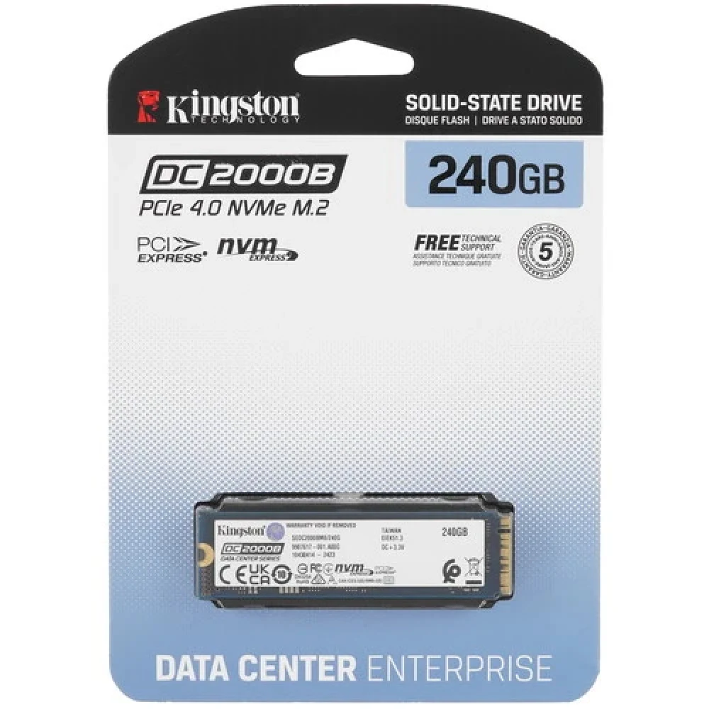 Твердотельный накопитель Kingston Enterprise SSD 240GB DC2000B M.2 2280 NVMe Gen4x4 R4500/W400MB/s 3D TLC MTBF 2М 260 000/18 000 IOPS 175,2TBW (Data Center) 3 years