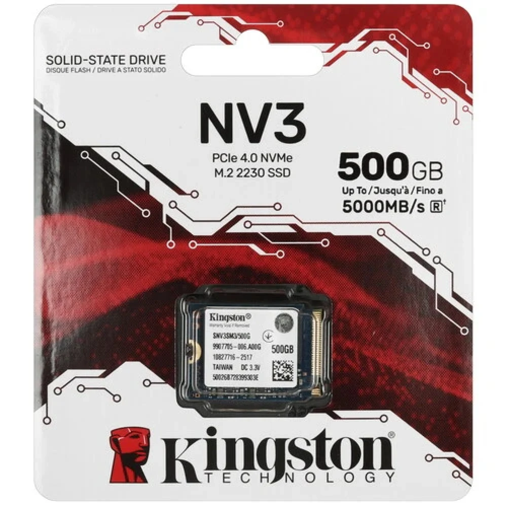 Твердотельный накопитель SSD M.2 2230 Kingston 500Gb NV3 Series <SNV3SM3/500G> (PCI-E 4.0 x4, up to 5000/3000Mbs, 3D NAND, NVMe, 160TBW, 22х30mm)