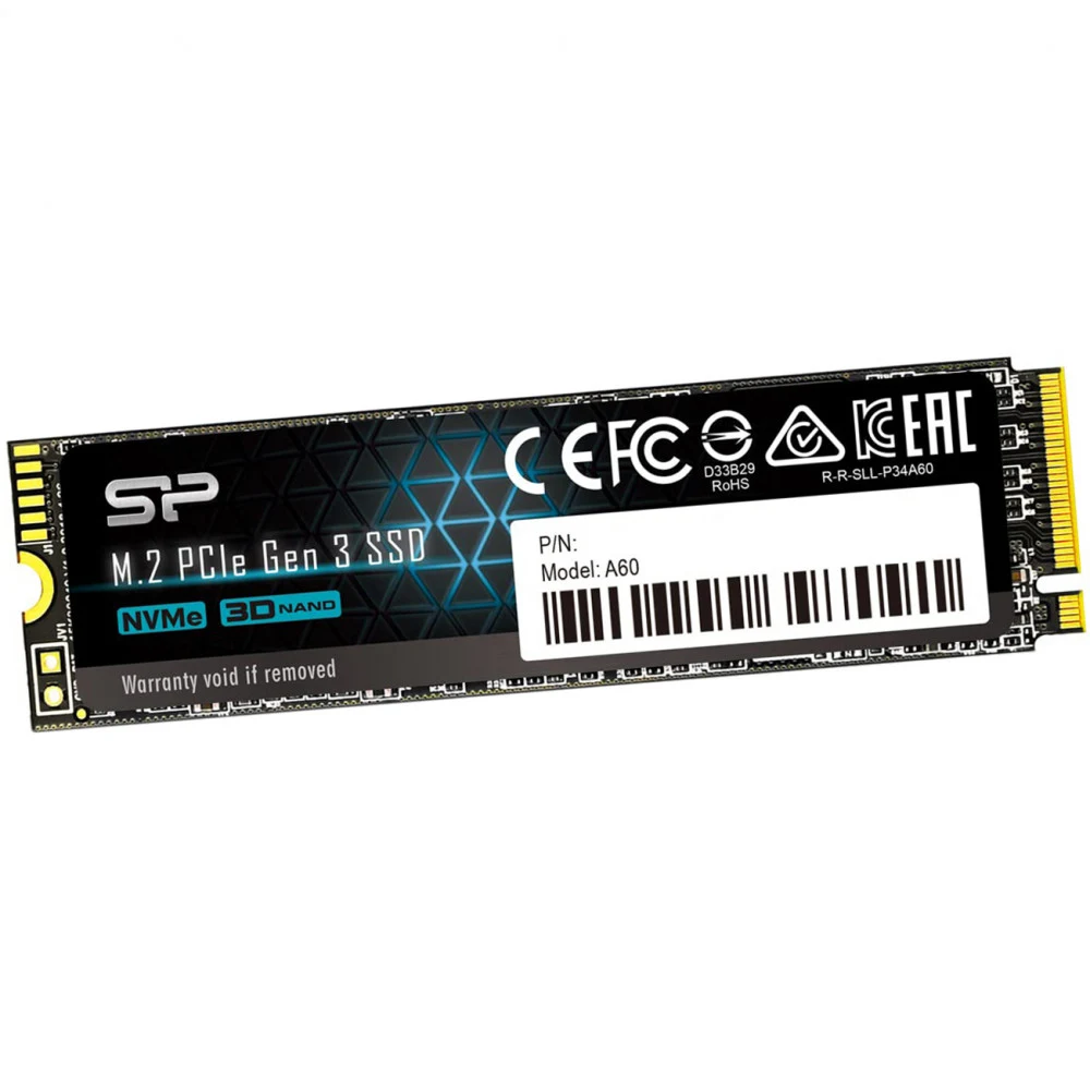 Твердотельный накопитель SSD M.2 Silicon Power 512GB A60 <SP512GBP34A60M28> (PCI-E 3.0 х4, up to 2200/1600MBs, 250000 IOPs, 3D TLC, NVMe 1.3, 300TBW, 22х80мм)