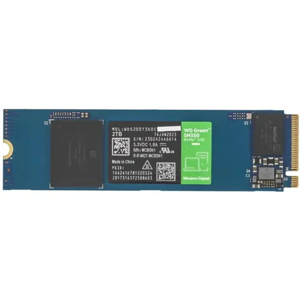 Твердотельный накопитель/ WD SSD Green SN350 NVMe, 2.0TB, M.2(22x80mm), NVMe, PCIe 3.0 x4, QLC, R/W 3200/3000MB/s, IOPs 500 000/450 000, TBW 100, DWPD 0.1 (12 мес.)