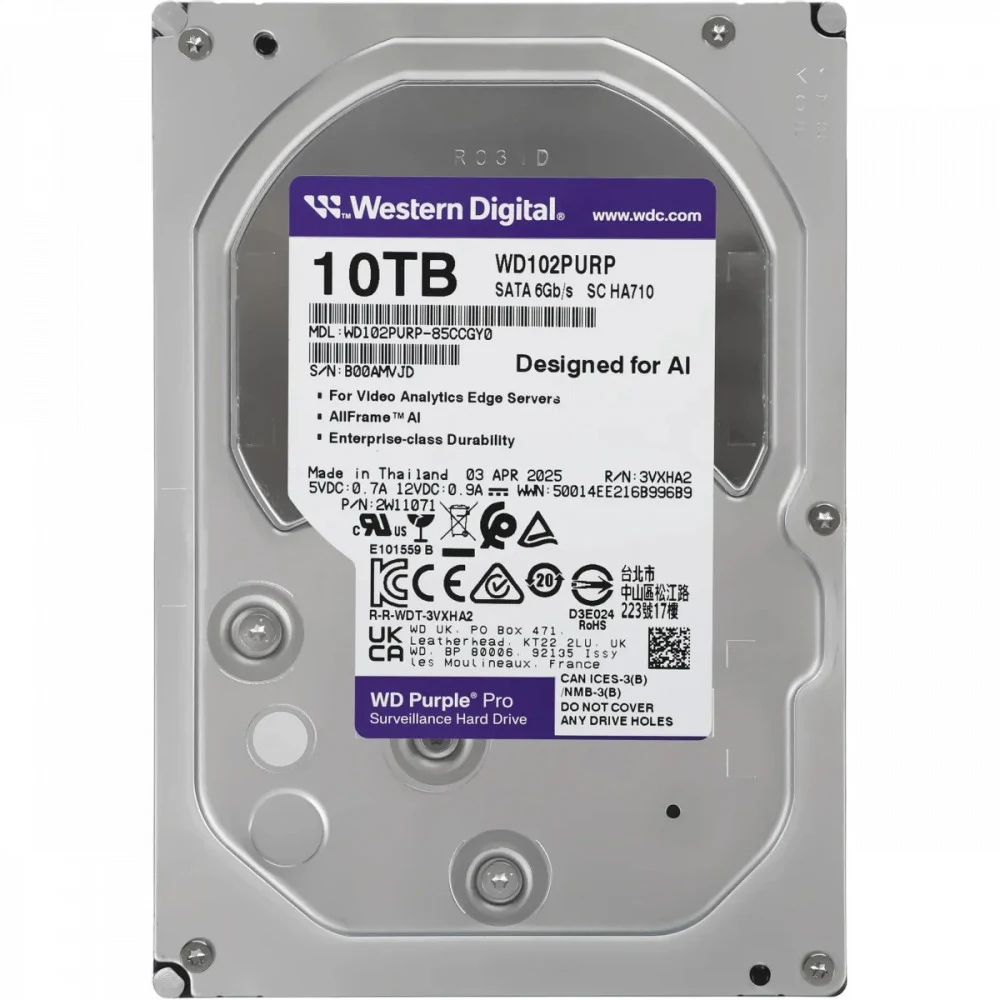 Жесткий диск Western Digital Purple Pro HDD 3.5" SATA 10Tb, 7200 rpm, 512MB buffer (DV&NVR + AI), WD102PURP, 1 year