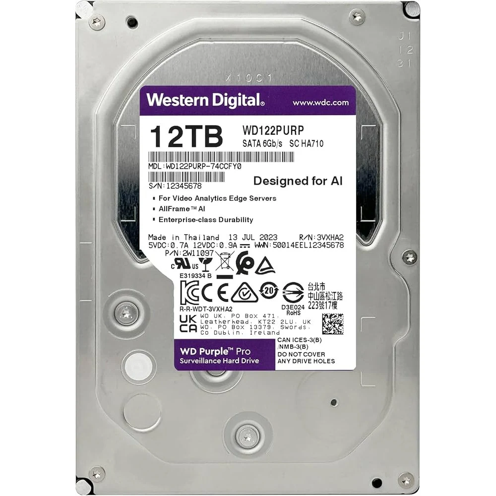 Жесткий диск Western Digital Purple Pro HDD 3.5" SATA 12Tb, 7200 rpm, 512MB buffer (DV&NVR + AI), WD122PURP, 1 year