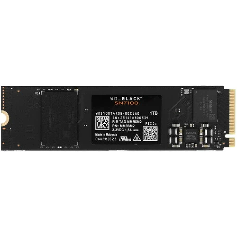Твердотельные накопители/ WD SSD Black SN7100, 1000GB, M.2(22x80mm), NVMe, PCIe 4.0 x4, 3D TLC, R/W 7250/6900MB/s, IOPs 1 000 000/1 400 000, TBW 600, DWPD 0.3 (12 мес.)