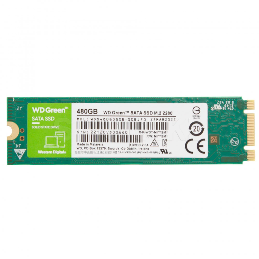 Твердотельные накопители/ WD SSD Green, 480GB, M.2(22x80mm), SATA3, 3D TLC, R/W 545/н.д., IOPs н.д./н.д., TBW н.д., DWPD н.д. (12 мес.)