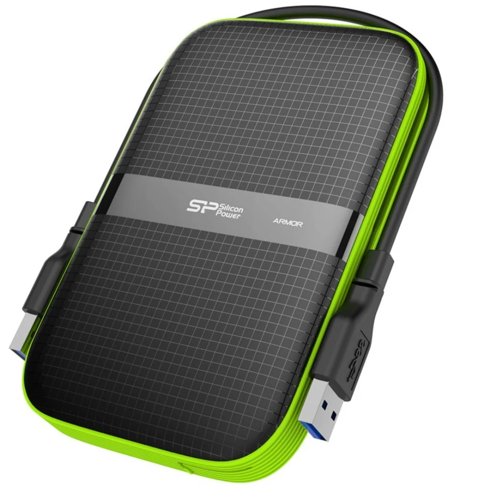 Внешний жесткий диск External HDD 2.5" 1.0Tb Silicon Power Armor A60 <SP010TBPHDA60S3K> черно-зеленый (USB3.1, прорезиненный, противоударный MIL-STD-810G, водонепроницаемый IPX4, держатель кабеля)