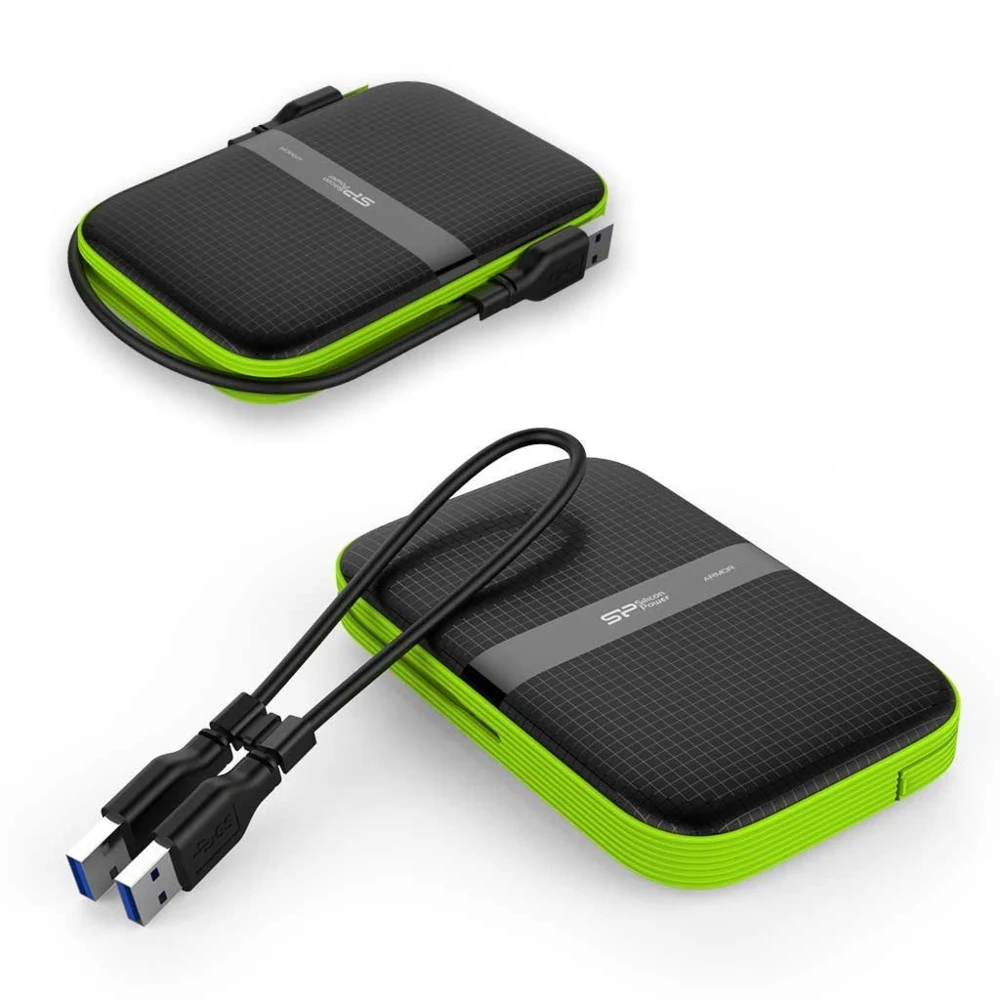 Внешний жесткий диск External HDD 2.5" 2.0Tb Silicon Power Armor A60 <SP020TBPHDA60S3K> черно-зеленый (USB3.1, прорезиненный, противоударный MIL-STD-810G, водонепроницаемый IPX4, держатель кабеля)