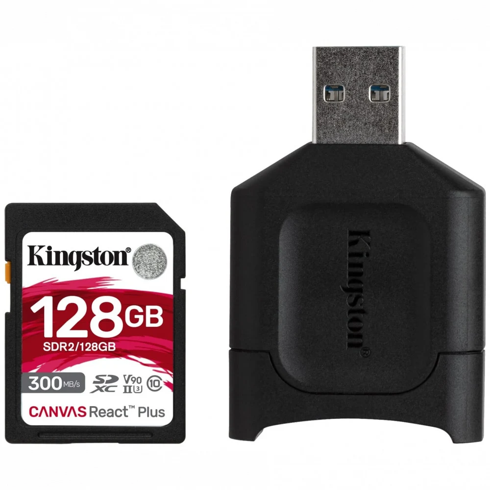 Карта памяти SD, Kingston Canvas React Plus, 128GB, SDR2/128GB, UHS-II, R300/W260 + USB Adapter