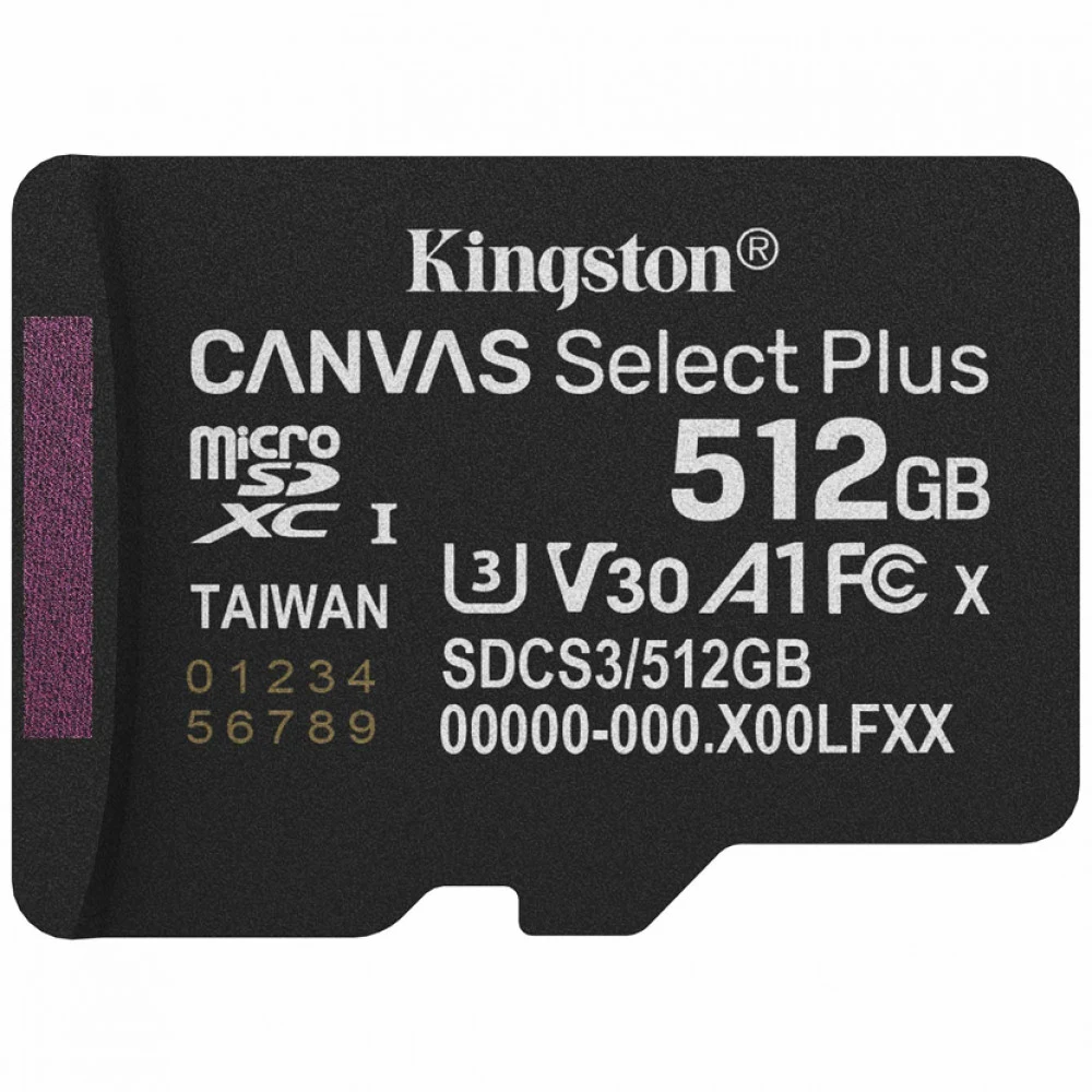Карта памяти Kingston microSDXC 512GB Canvas Select Plus Memory Card SDCS3/512GBSP UHS-I U3 Class 10/V30/A1, w/o Adapter, 150Mb/s, RTL