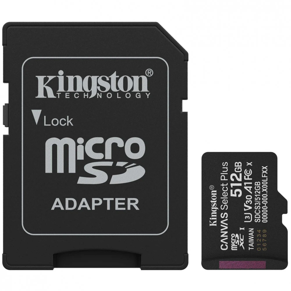 Карта памяти microSDXC 512GB, Kingston SDCS3/512GB, Canvas Select Plus Gen3, A1, 100M/s, +adapter SDCS3/512GB