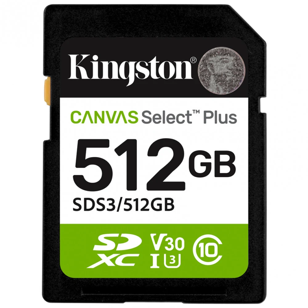 Карта памяти, Kingston, SDS3/512GB, SDXC 512GB, Canvas Select Plus, C10, UHS-I, U3, V30