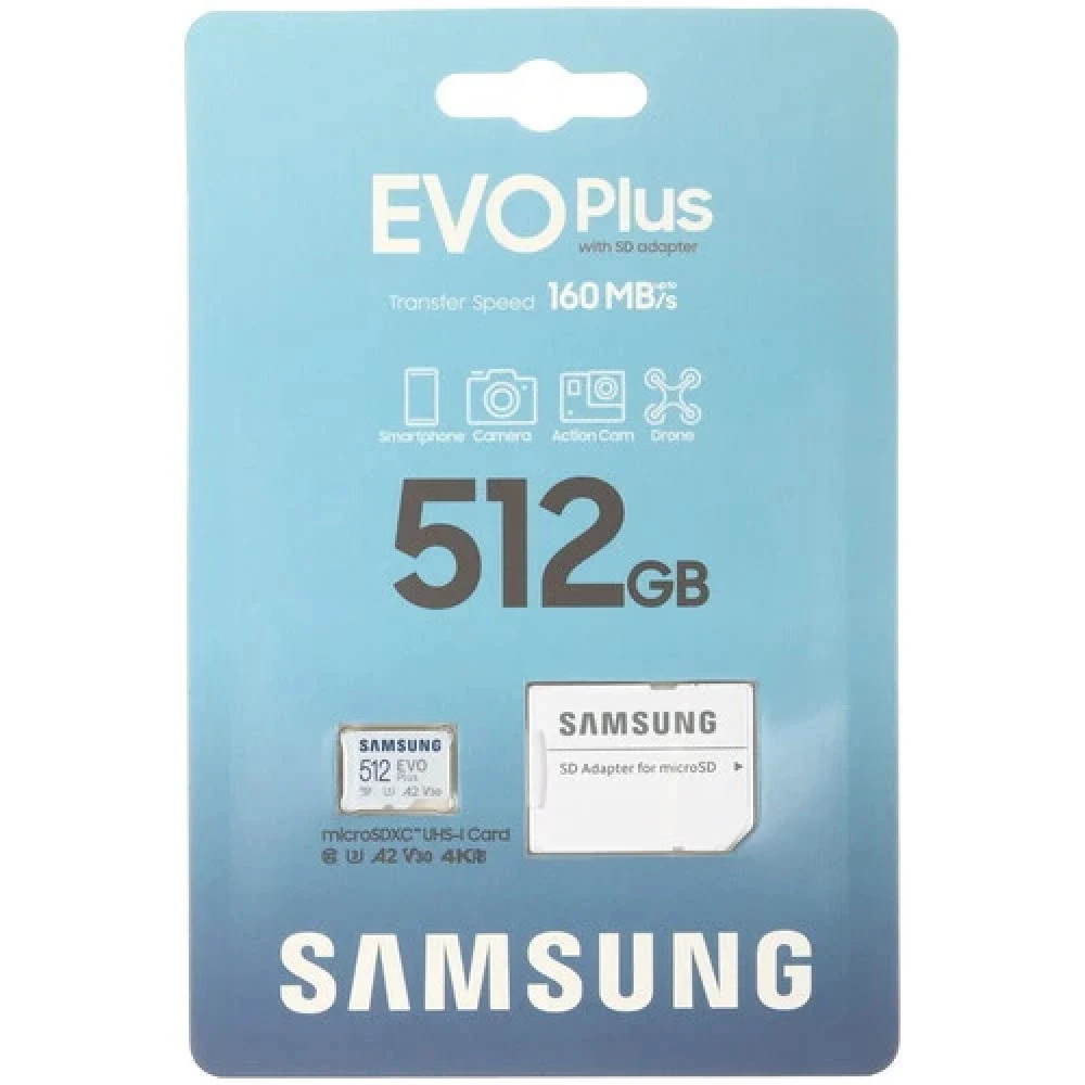 Флеш карта microSDXC 512GB Samsung EVO Plus Class 10, A2, V30, UHS-I (U3), W 90 МБ/с, R 160 МБ/с, <MB-MC512SA/EU> адаптер на SD