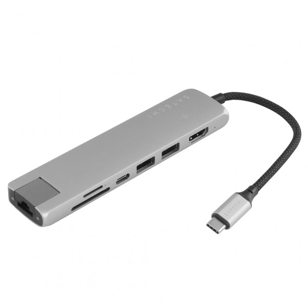 Адаптер Satechi 7-in-1 1хUSB-C&2xUSB-A3.2 Gen2&HDMI 4K@60Hz&Ethernet 1 Gigabit&Micro/SD Card Reader Slim Multiport Adapter with Ethernet. Цвет: серый космос