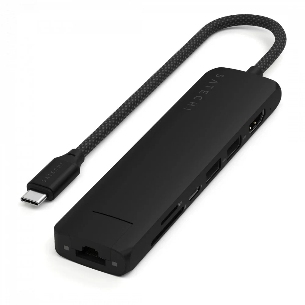 Адаптер Satechi 7-in-1 1хUSB-C&2xUSB-A3.2 Gen2&HDMI 4K@60Hz&Ethernet 1 Gigabit&Micro/SD Card Reader Slim Multiport Adapter with Ethernet. Цвет: черный