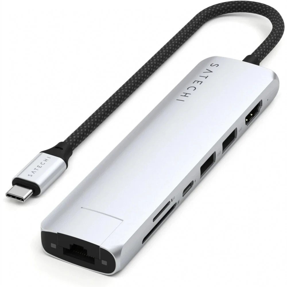 Адаптер Satechi 7-in-1 1хUSB-C&2xUSB-A3.2 Gen2&HDMI 4K@60Hz&Ethernet 1 Gigabit&Micro/SD Card Reader Slim Multiport Adapter with Ethernet. Цвет: серебристый