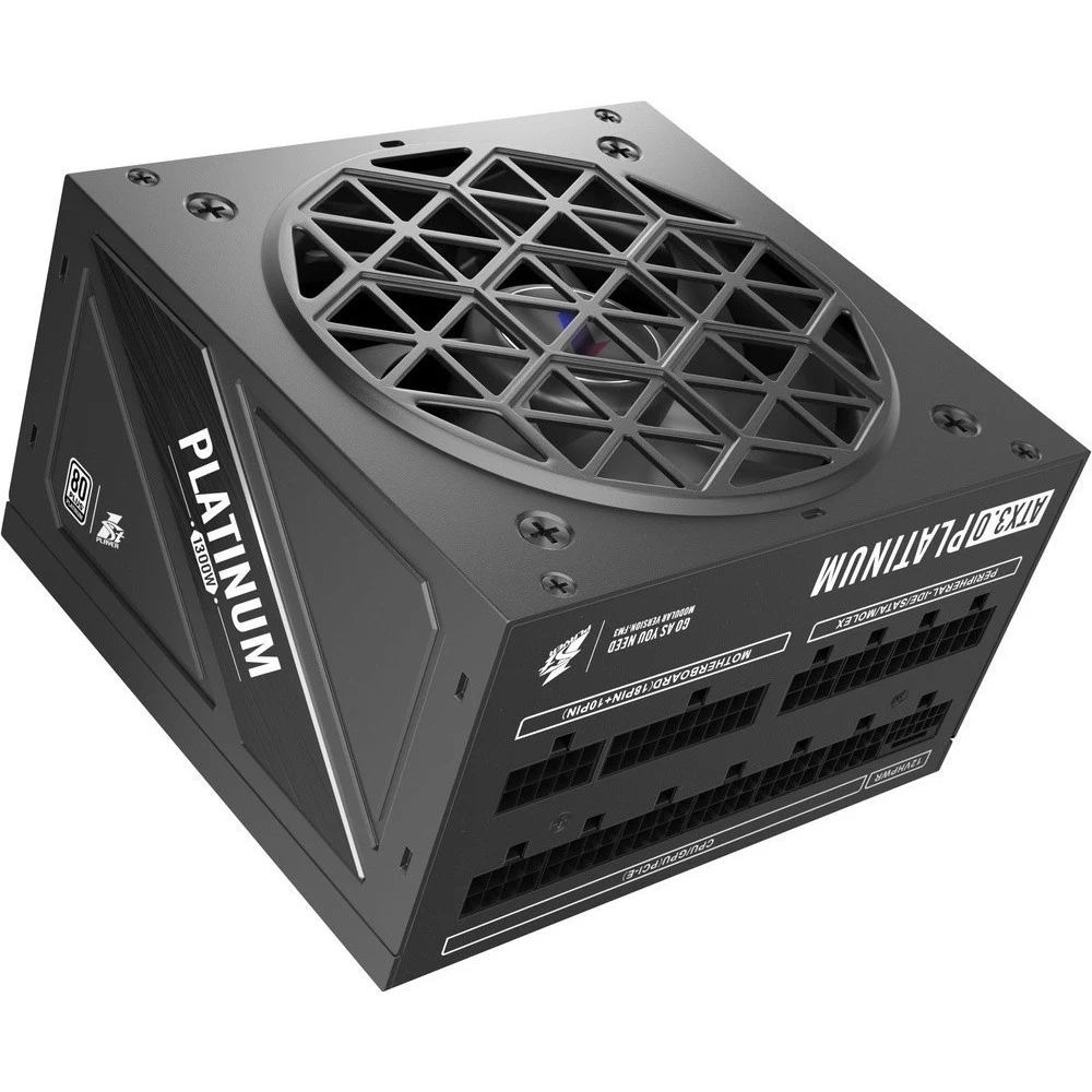 Блок питания, 1STPLAYER, NGDP HA-1300BA3-BK, 1300W, ATX 3.0, APFC, PLATINUM, 20+4pin, 2*4+4pin, 12*Sata, 4*Molex, 4*PCI-E 6+2pin, 1*(16pin)12VHPWR, Modular, Вентилятор 12см, 140х150х86 мм, Черный