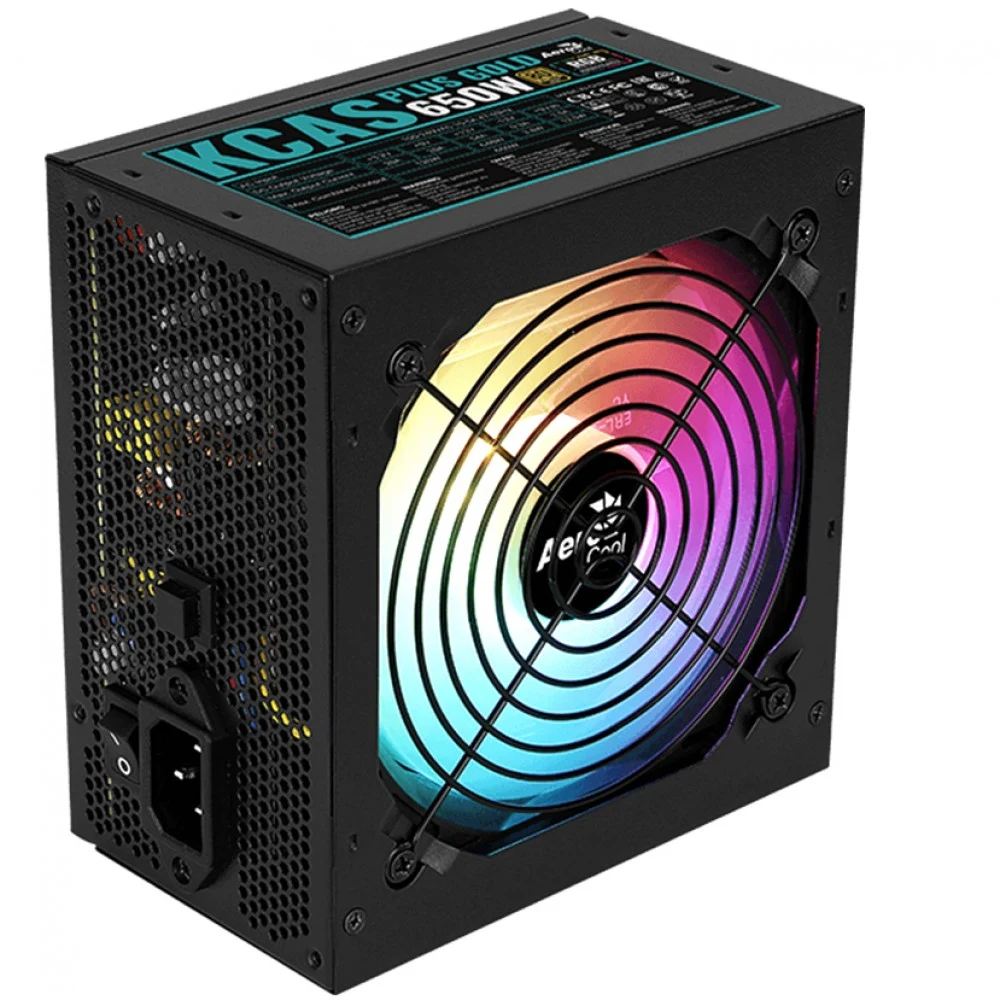 Блок питания, Aerocool, KCAS PLUS GOLD 650W RGB, 650W, ATX, Gold, APFC, 20+4pin, 2*4+4pin, 6*Sata, 3*Molex, 2*PCI-E 6+2pin, Вентилятор 12 см, Кабель питания, Чёрный