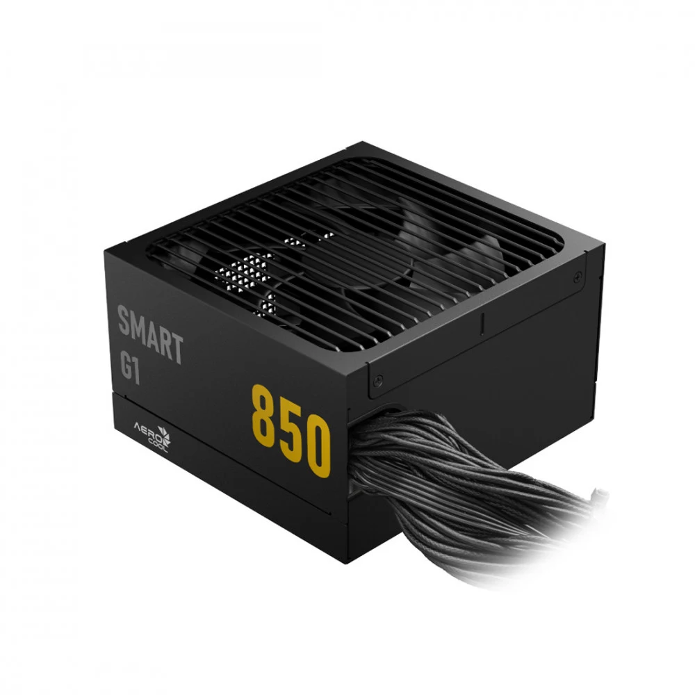 Блок питания, Aerocool, SMART G1, 850W, ATX 3.1, Gold, APFC, 20+4pin, 2*4+4pin, 8*Sata, 2*Molex, 3*PCI-E 6+2pin, 12V-2X6, Вентилятор 13,5 см, Кабель питания, Чёрный