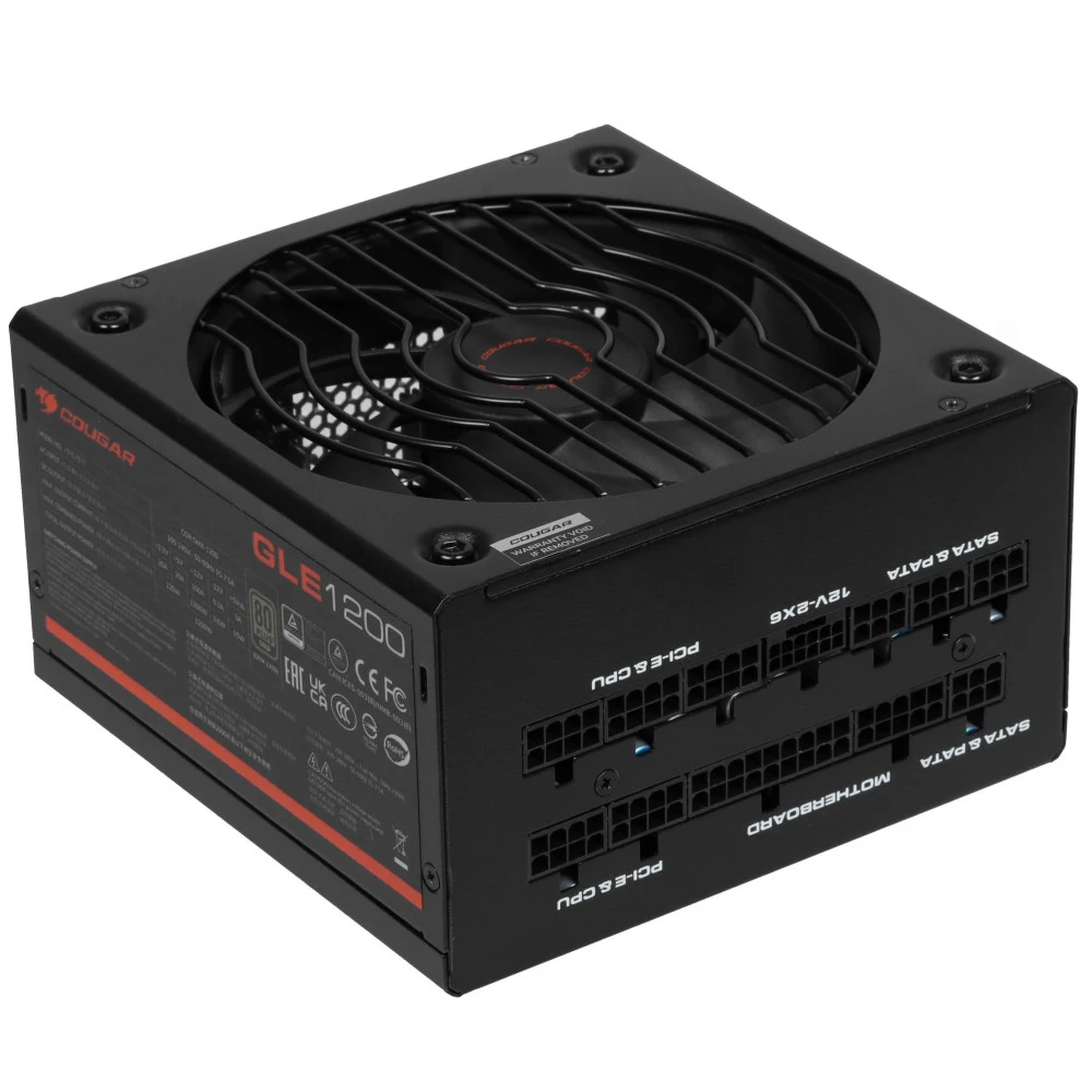 Блок питания, Cougar, GLE 1200, 1200W, ATX 3.1, APFC, GOLD, 20+4 pin, 2*4+4pin, 12*Sata, 4*Molex, 6*PCI-E 6+2 pin, 12V-2X6, Вентилятор 13,5 см, Модульный, Кабель питания, Чёрный