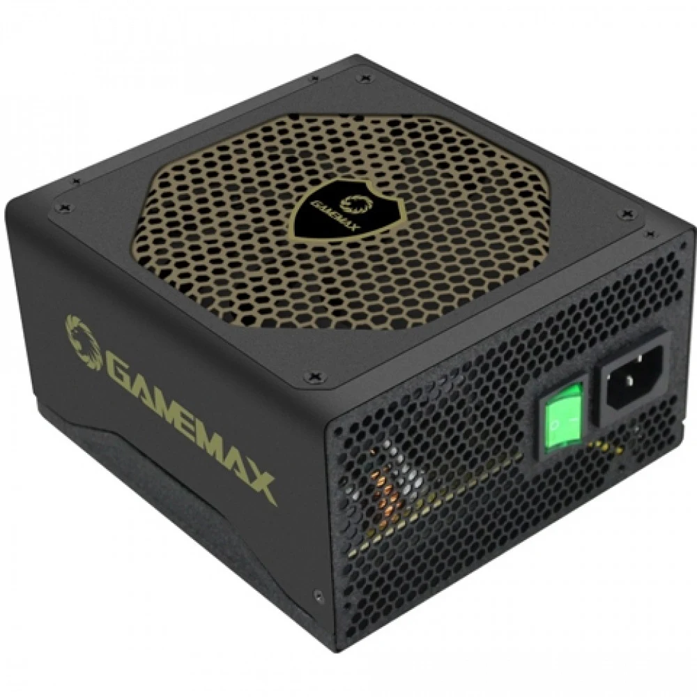 Блок питания, Gamemax, GM 500G, 211904000001, 500W, ATX, 90+ Gold, APFC, 20+4 pin, 4+4pin, 5*Sata, 3*Molex, 1*PCI-E 6+2 pin, Вентилятор 12см, Кабель питания, Чёрный