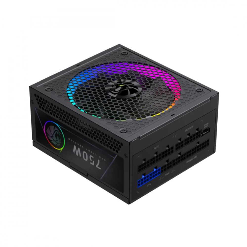 Блок питания, Gamemax, RGB 750G, 2141-0750B0016, 750W, Gold, APFC, 20+4 pin, 2*4+4pin, 8*Sata, 3*Molex, 3*PCI-E 6+2 pin, Вентилятор 14см, 165*150*86 см, Черный