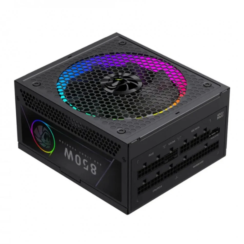 Блок питания, Gamemax, RGB PRO 850G, 2141-0850B0019, 850W, Gold, ATX3.1, APFC, 20+4 pin, 2*4+4pin, 8*Sata, 3*Molex, 3*PCI-E 6+2 pin, 1*PCI-E 12+4pin, Modular, Вентилятор 14см, 165*150*86 см, Черный