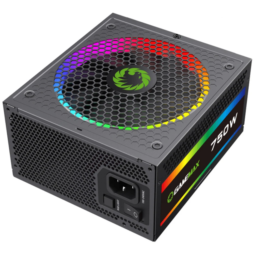 Блок питания, Gamemax, RGB750 PRO Gold, 213610500002, 750W, ATX, Gold, APFC, 20+4 pin, 2*4+4pin, 8*Sata, 3*Molex, 1*FDD, 3*PCI-E 6+2 pin, Modular, Вентилятор 14 см, Подсветка RGB, Чёрный