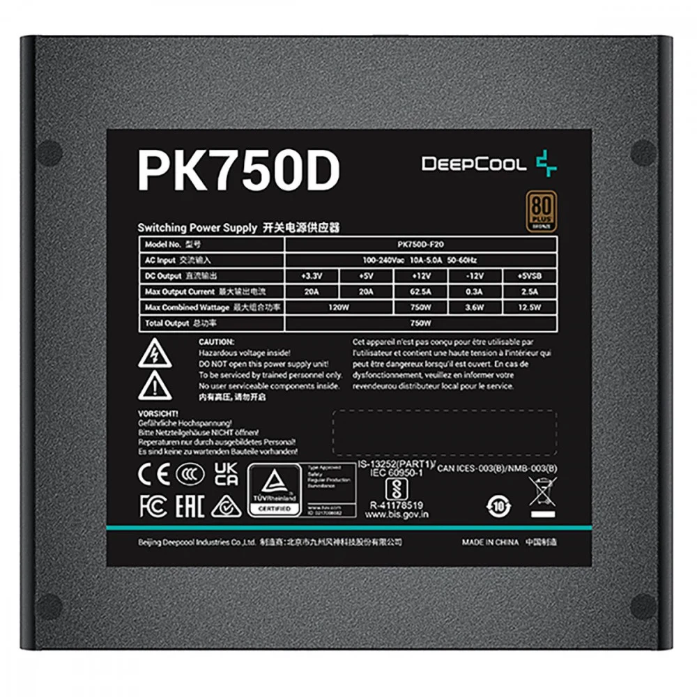 Блок питания, GamerStorm, PK750D R-PK750D-FA0B-WGEU, 750W, ATX, Bronze, 20+4 pin, 2*4+4pin, 6*Sata, 2*Molex, 4*PCI-E 6+2 pin, Вентилятор 12 см, Кабель питания, Чёрный