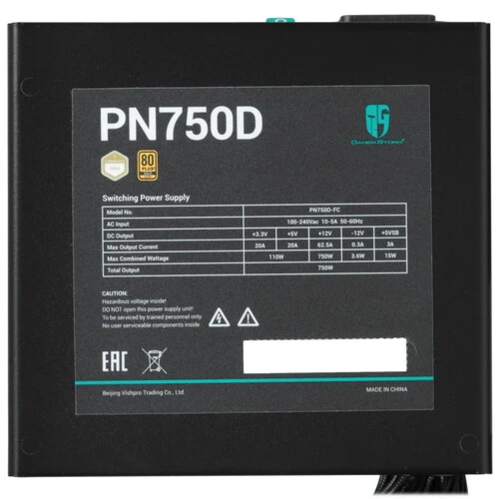 Блок питания, GamerStorm, PN750D R-PN750D-FC0B-WGEU-V2, 750W, ATX 3.1, Gold, APFC, 20+4 pin, 2*4+4pin, 8*Sata, 2*Molex, 3*PCI-E 6+2 pin, 1*(16Pin)12VHPWR, Вентилятор 12см, Кабель питания, Чёрный