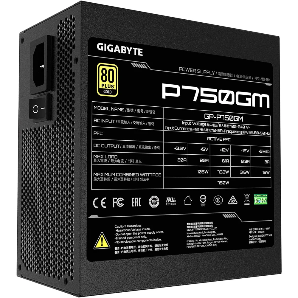 Блок питания Gigabyte 750W 240V Active PFC, 80+ GOLD, GP-P750GM. Сертификат 80 PLUS Gold. Полностью модульный дизайн. 120-мм интеллектуальный вентилятор, гидравлический подшипник (HYB), Японские кон