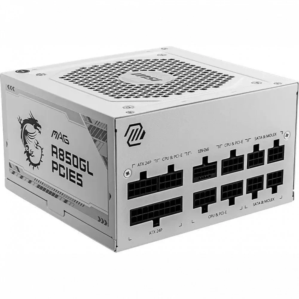 Блок питания ПК/ Power Supply MSI MAG A850GL PCIE5 WHITE, 850W 80+ Gold (ATX, 3.1, PCIe 5.1, Full modular, 1x24(20+4)pin, 2xCPU 8(4+4)pin, 4xPCIe*2 8(6+2)pin, 1x12VHPWR, 8xSATA3, 4xMOLEX4pin, Active