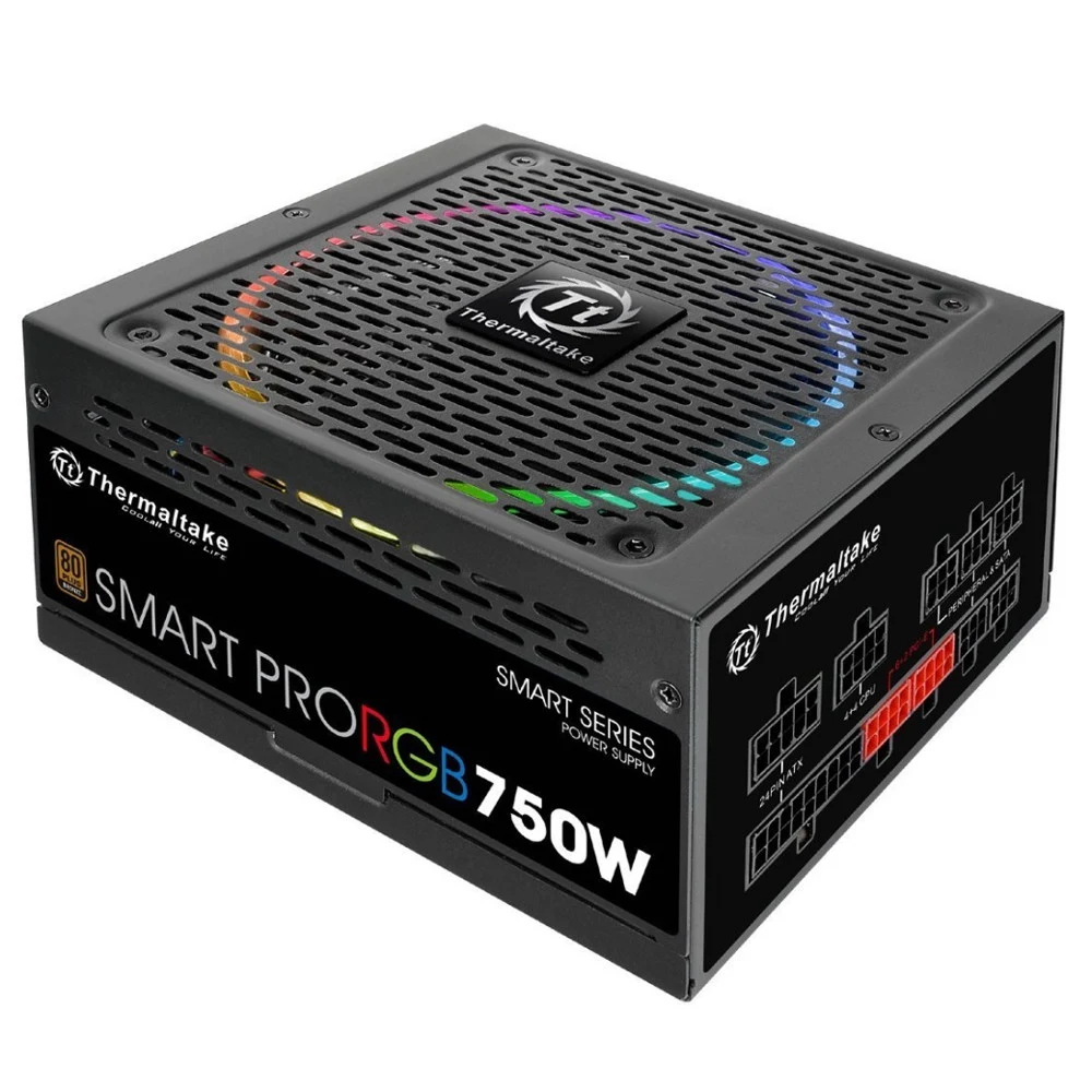 Блок питания, Thermaltake, Smart Pro RGB 750W, PS-SPR-0750FPCBEU-R, 750W, ATX, Bronze, APFC, 20+4 pin, 4+4pin, 9*Sata, 6*Molex, 4*PCI-E 6+2 pin, FDD, Modular, Вентилятор RGB 14 см, 150*86*170мм, Чёр