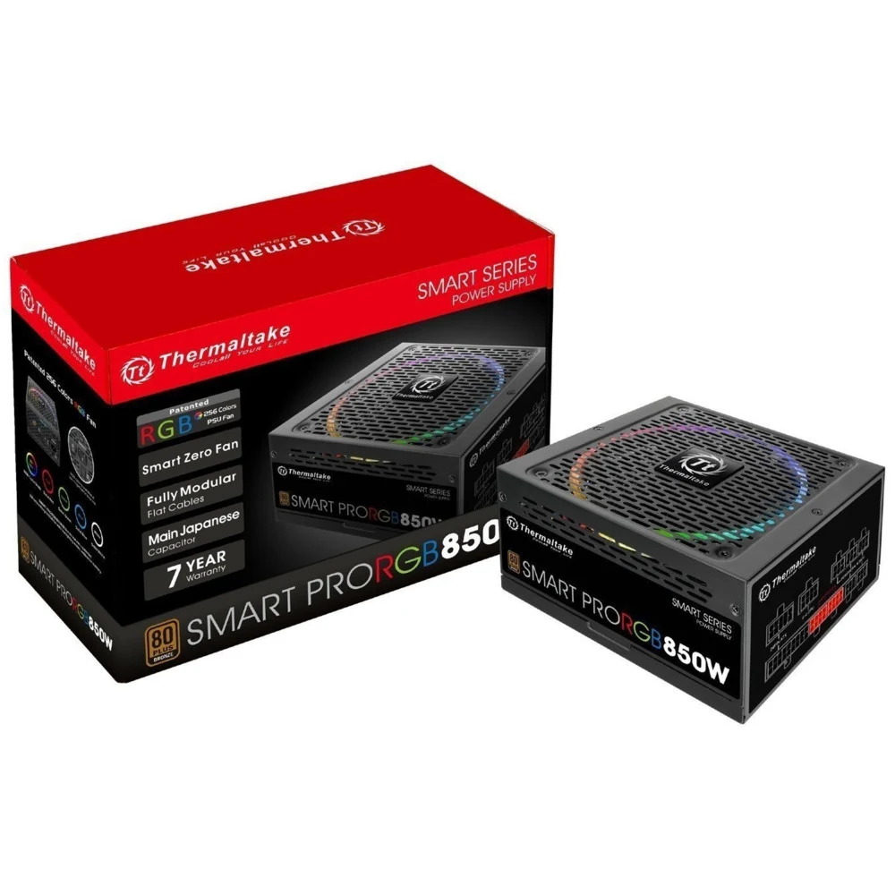 Блок питания, Thermaltake, Smart Pro RGB 850W, PS-SPR-0850FPCBEU-R, 850W, ATX, Bronze, APFC, 20+4 pin, 4+4pin, 9*Sata, 6*Molex, 4*PCI-E 6+2 pin, FDD, Modular, Вентилятор RGB 14 см, Чёрный