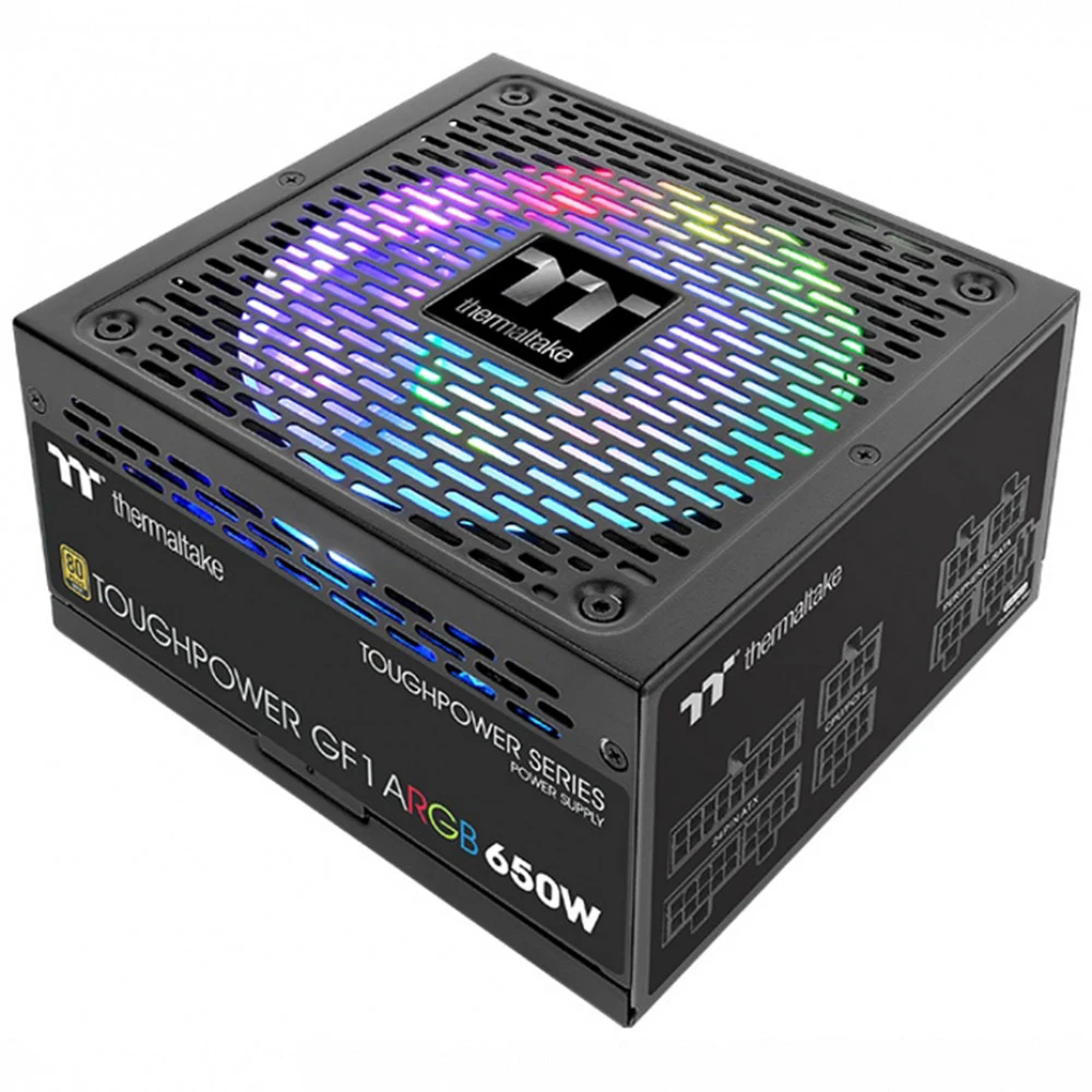 Блок питания, Thermaltake, Toughpower GF1 ARGB 650W, PS-TPD-0650F3FAGE-1, 650W, ATX, Gold, APFC, 20+4 pin, 4+4pin, 8pin, 9*Sata, 4*Molex, 4*PCI-E 6+2 pin, FDD, Modular, Вентилятор ARGB 14 см, 150х86