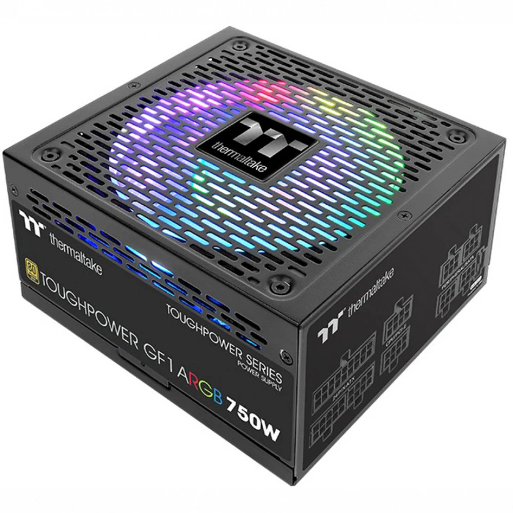 Блок питания, Thermaltake, Toughpower GF1 ARGB 750W, PS-TPD-0750F3FAGE-1, 750W, ATX, Gold, APFC, 20+4 pin, 4+4pin, 9*Sata, 4*Molex, 4*PCI-E 6+2 pin, FDD, Modular, Вентилятор RGB 14 см, 150х86х160мм,
