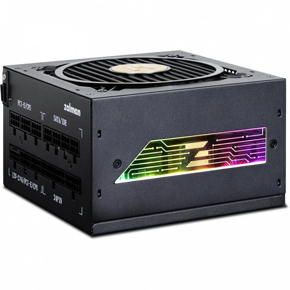 Блок питания, Zalman, ZM1000-TMX2 VIEW, TeraMaxII SE VIEW, 1000W, Gold, ATX3.1, APFC, 20+4 pin, 2*4+4pin, 12*Sata, 3*Molex, 4*PCI-E 6+2 pin, 1*PCI-E 12+4pin, Modular, Вентилятор 12см, 150*140*86 мм,