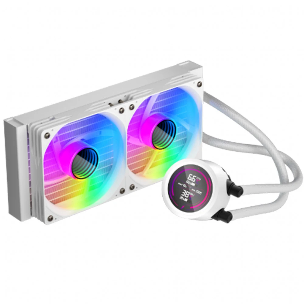 Кулер с водяным охлаждением, 1STPLAYER, TS4 240 WHITE, TS4-240-WH, intel 1151/1200/1700/1851 и amd AM4/AM5, TDP 250W, 2*120 мм, 600-2200 об/мин, 77 CFM, 36 dBA, Белый