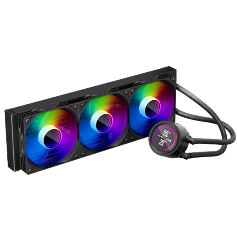 Кулер с водяным охлаждением, 1STPLAYER, TS4 360 BLACK, TS4-360-BK, intel 1151/1200/1700/1851 и amd AM4/AM5, TDP 300W, 3*120 мм, 600-1800 об/мин, 77 CFM, 38 dBA, Черный