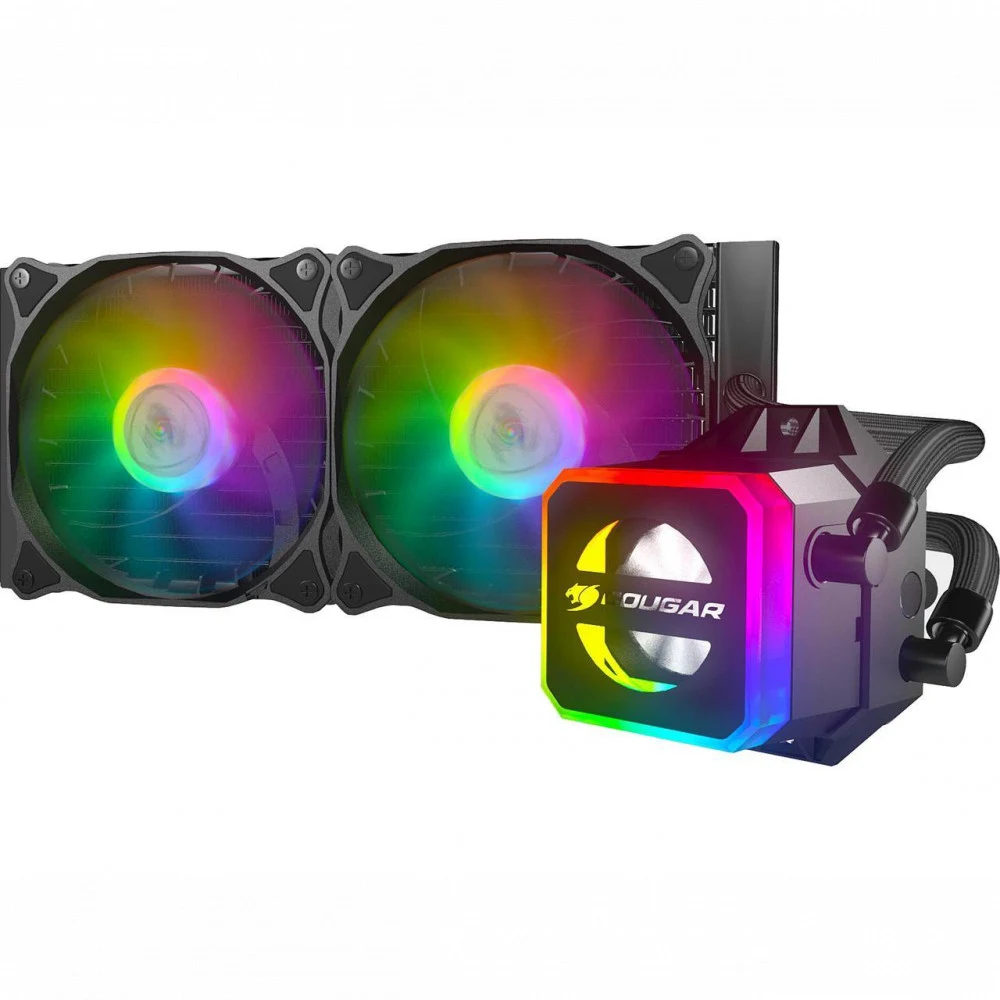 Кулер с водяным охлаждением, Cougar, Helor 240, Intel 20хх/1366/1200/115х и AMD AM4/AM3+, 2*120мм ARGB, 600-1800 RPM±10%, 78.4CFM, ≤37.1 dB(A), Чёрный