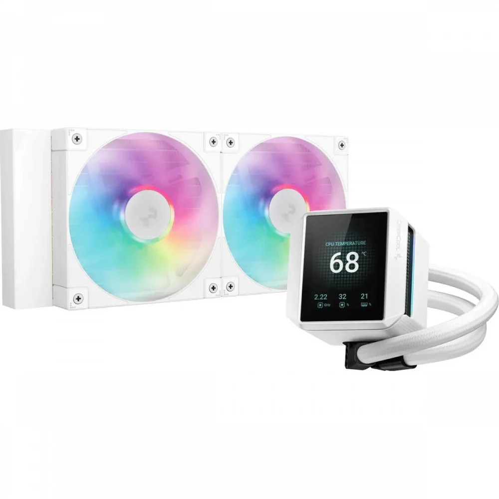 Кулер с водяным охлаждением, Deepcool, MYSTIQUE 240 WH ARGB R-LX240-WHDSNMCP-G-1, Intel 1700/1200/115х и AMD AM5/AM4/, TDP 280W, 2*120мм FD12 ARGB PWM, 600-2400 RPM±10%, 72,04CFM, 38,71 dB(A), Белый