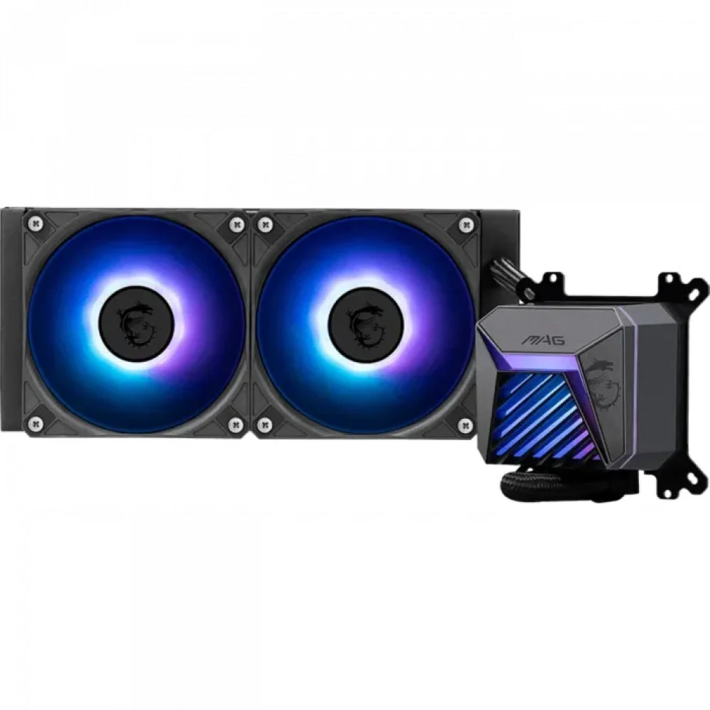 Система жидкостного охлаждения/ Water Cooling System MSI MAG CORELIQUID A15 240 (240W, 240mm, Black, ARGB/ Fans: 2x120mm, 64.89CFM, 28.7dBA, 2050RPM/ Pump 20dBA, 3400RPM, Rad thickness 27mm/ S: 1851
