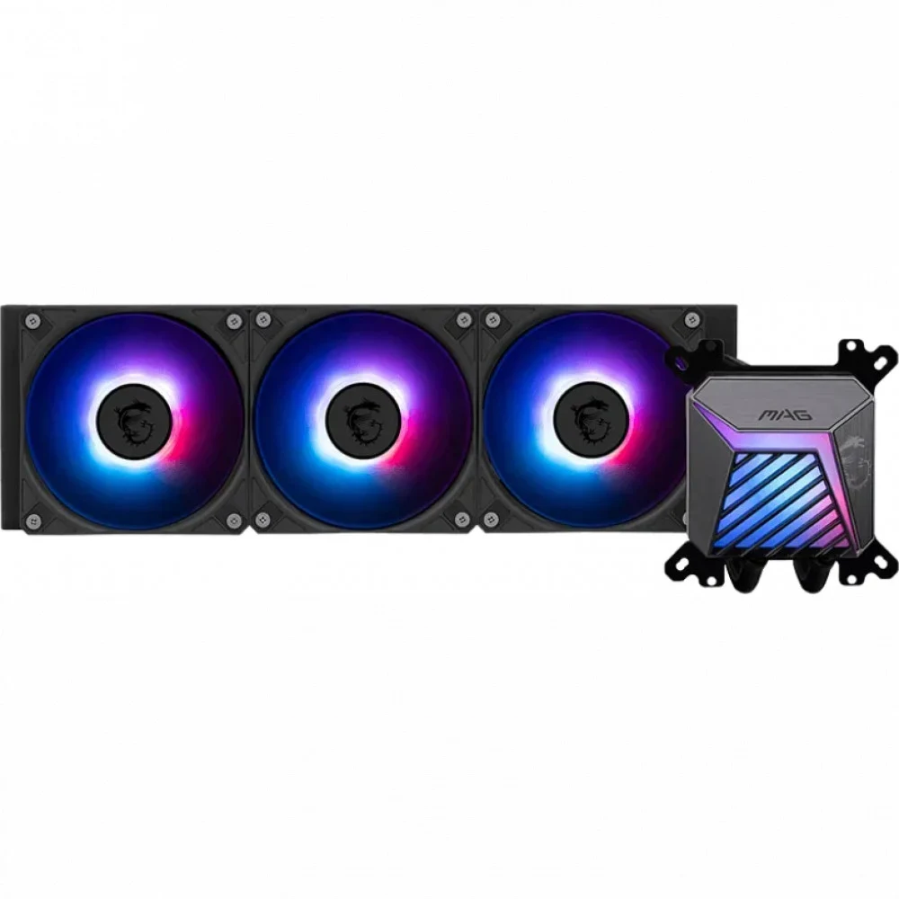 Система жидкостного охлаждения/ Water Cooling System MSI MAG CORELIQUID A15 360 (300W, 360mm, Black, ARGB/ Fans: 3x120mm, 64.89CFM, 28.7dBA, 2050RPM/ Pump 20dBA, 3400RPM, Rad thickness 27mm/ S: 1851