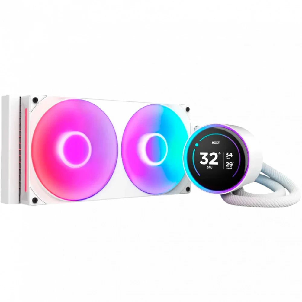 Система жидкостного охлаждения для ПК/ Water Cooling System NZXT Kraken Elite 280 RGB (250W, 280mm, LED temp., White/ Fans: 2x140mm, 98.61CFM, 34.5dBA, 2000RPM/ Pump height 65mm, 2800RPM, Rad thickn